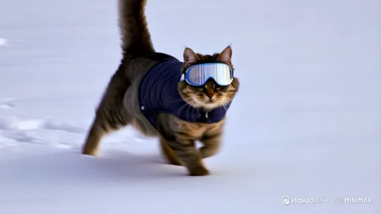 一只穿着羽绒服、戴着护目镜的烟灰色缅因猫，在雪地里奔跑，令人兴奋，充满冬季运动的场景。[跟随,变焦拉远] by Hailuo AI Video Generator