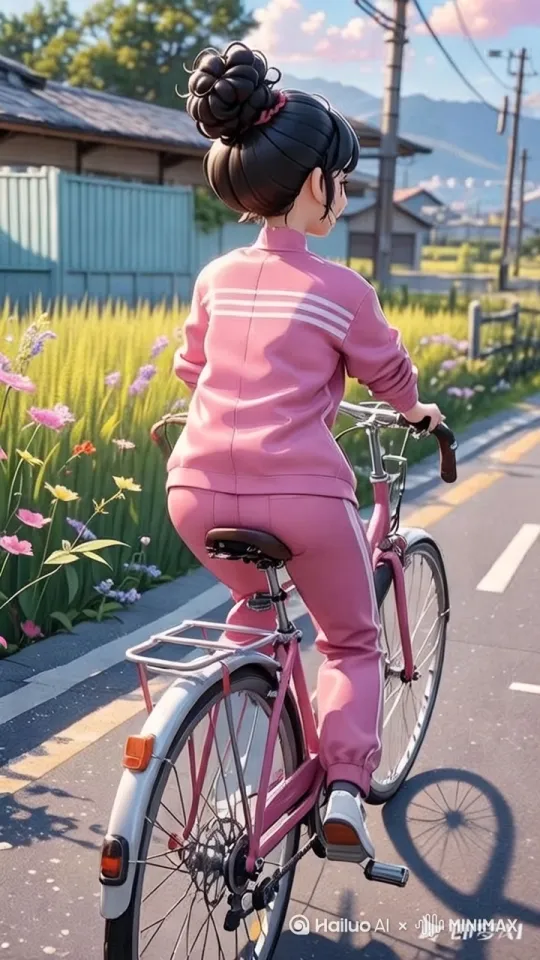 女孩骑着自行车，[右移,左摇,跟随] by Hailuo AI Video Generator