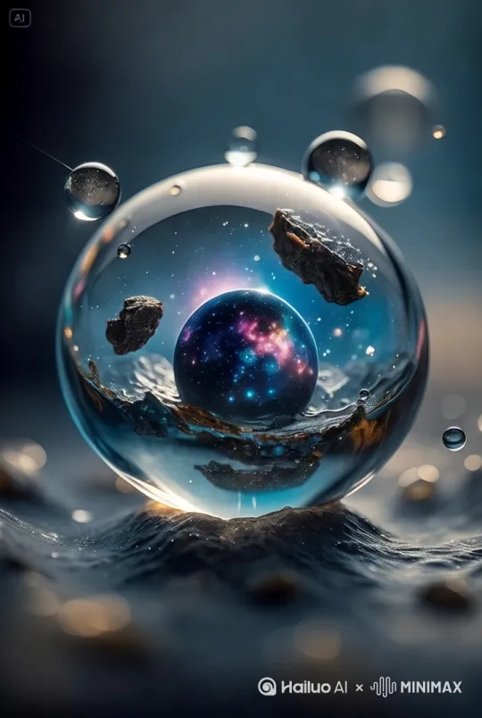 “0-2秒：黑色背景中金色粒子快速聚集  
   2-5秒：粒子坍缩成旋转的银河系，镜头拉远显示这竟是露珠内部  
   风格：慢动作+粒子特效，背景音水滴回声” by Hailuo AI Video Generator