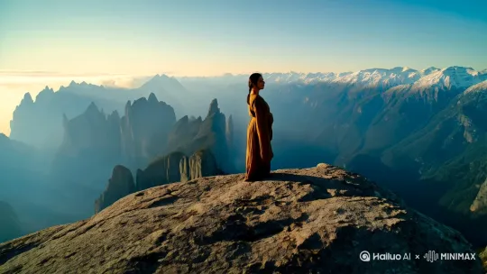 有人站在山有人站在山上，望向对面的金山。 by Hailuo AI Video Generator