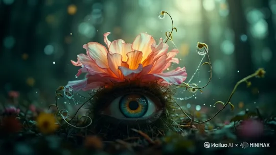 [左移,右摇]一朵绽放于迷雾缭绕森林中的莲花，化为一只绚丽多彩、拥有纤长睫毛的神秘眼睛。花瓣间点缀着细嫩植物与缠绕藤蔓，向左右审视的眼眸宛如自然的守护者。柔和的光线自天际倾泻而下，聚焦于莲花与眼眸之上，赋予其生命般的灵动。特写镜头，缓缓推进，捕捉每一个细腻变化，引领观者深入探索这未知世界的秘密。中景至特写，动态运镜。 by Hailuo AI Video Generator