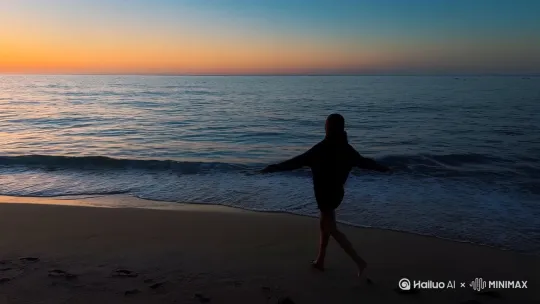 一个人站在海边上看日出，模仿无人机运镜 by Hailuo AI Video Generator