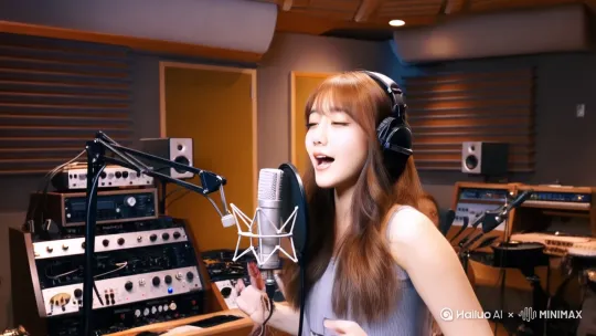 女孩在一个录音工作室中录制自己的新歌，不同的镜头切换 by Hailuo AI Video Generator
