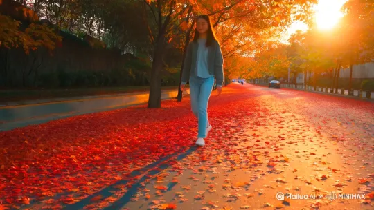 秋日夕阳，年轻女子行走在麓山南路街道，枫叶飘落 by Hailuo AI Video Generator