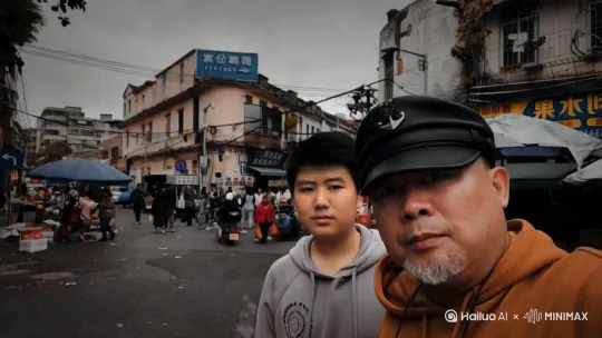 面对镜头的这两个人突然转身大步背着镜头走向远处的人群，镜头跟着他们两个逐渐变成俯视 by Hailuo AI Video Generator
