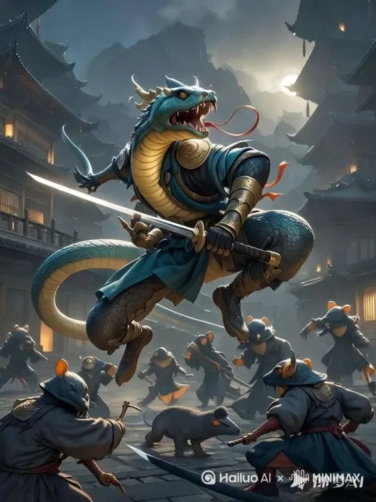 [右移,左摇,跟随]蟒蛇侠客挥舞着剑与老鼠刺客对打 by Hailuo AI Video Generator