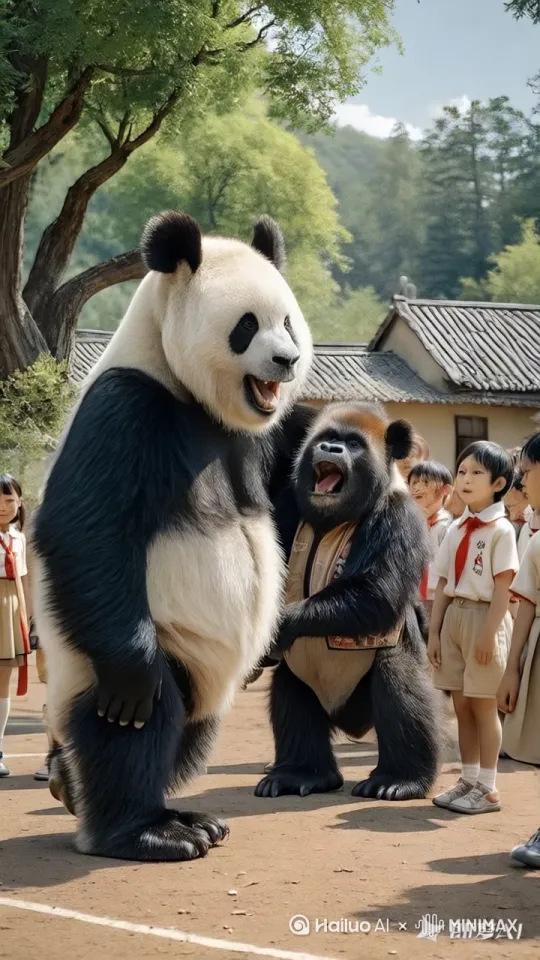 镜头移动,动态跟随,展现一个史诗般的激烈打斗场面。两只熊正在进行惊心动魄的中国功夫对决,身形矫健,步伐灵活,每一个动作都充满力量与技巧。大熊猫率先发动攻击,以迅雷不及掩耳之势踢出一记凌厉的侧踢,另一大猩猩迅速后仰躲避,紧接着回击一套连贯的拳法,拳风呼啸。他们的招式刚柔并济,时而是刚猛的直拳,时而是柔美的转身回旋踢。身影交错之间,地面的尘土飞扬而起,镜头动态跟随,从不同角度展现他们激烈的交锋,周围的人拍手叫好。 by Hailuo AI Video Generator