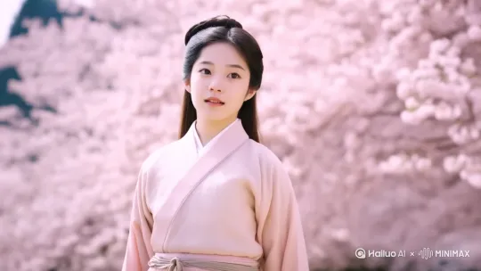 汉服少女，淡粉色汉服，长发及腰，古典发髻，碎发垂落，转身，继续前行，身后桃花林，渐远，宁静，治愈，画面开阔，色彩明亮，汉服飘动，桃花映衬，平拍视角，中景，拉远镜头，展现少女在桃花林中的身影 by Hailuo AI Video Generator