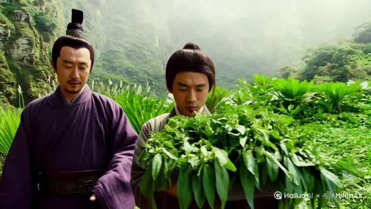 我我是东汉医学家张仲景[左移,推进,右摇]，我正带领一位学生在山中采集药材，突然遇见一条蟒蛇从洞中探出头[右移,左摇,跟随] by Hailuo AI Video Generator