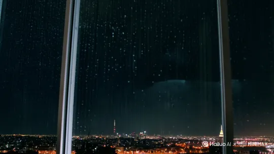 [拉远]从很高的玻璃窗外，玻璃窗上有雨珠看像外面城市的夜景 弥补乌云闪电 by Hailuo AI Video Generator