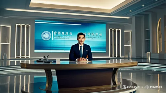 生成一个像中央电视台一样的直播间，直播间里一位帅气的男主播正在直播，画面横屏 by Hailuo AI Video Generator