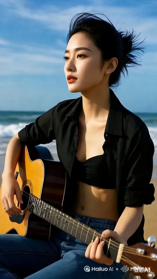 场景：海滩
时长：2分钟
音乐：轻松愉快的吉他音乐

镜头1：远景
画面内容：全景展示海滩和海浪，镜头慢慢推进。
时长：10秒
台词：无
人物动作：无
镜头2：中景
画面内容：人物从背后拍摄，手持吉他，站在海滩上，面向大海。
时长：15秒
台词：无
人物动作：轻轻拨动吉他弦
镜头3：近景
画面内容：特写人物的脸部和手部，专注于弹奏吉他。
时长：20秒
台词：无
人物动作：继续弹奏吉他
镜头4：中景
画面内容：人物转身面对镜头，微笑，继续弹奏吉他。
时长：25秒
台词：无
人物动作：微笑并弹奏吉他
镜头5：远景
画面内容：全景展示海滩、人物和海浪，镜头慢慢拉远。
时长：30秒
台词：无
人物动作：继续弹奏吉他
镜头6：特写
画面内容：特写吉他弦和手的动作。
时长：20秒
台词：无
人物动作：继续弹奏吉他
镜头7：远景
画面内容：全景展示海滩、人物和海浪，镜头慢慢拉远，音乐渐弱。
时长：20秒
台词：无
人物动作：继续弹奏吉他 by Hailuo AI Video Generator