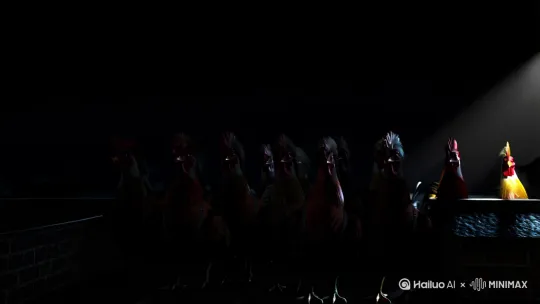 中镜头，天台上，黑夜，聚光灯慢慢打开，聚光灯照射到一群中分头背带裤的公鸡身上，公鸡们扭头看向镜头，眼睛发红色亮光 by Hailuo AI Video Generator