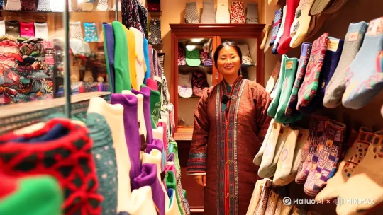 镜头推进店内，货架上整齐排列着不同种类的袜子，有可爱风、时尚风、复古风等等。一位身着传统藏族服饰的美女站在店中央，面带微笑，向镜头挥手 by Hailuo AI Video Generator