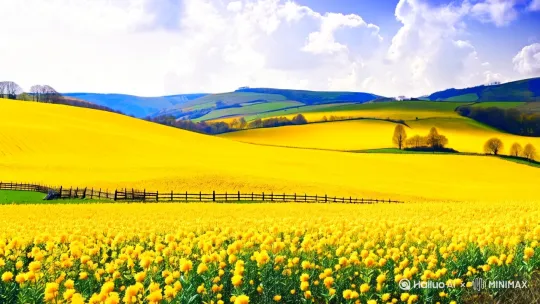 **镜头1:田野全景(3秒)**
AI提示词:
"Vibrant yellow rapeseed flower field under soft sunlight, rolling hills in background, blue sky with fluffy clouds, rustic wooden fence winding through flowers, cinematic composition, 8K hyperrealism, spring atmosphere, warm color palette"
**镜头2:河边中景(2.5秒)**
AI提示词:
"Crystal clear river flowing through pink cherry blossom grove, petals falling on water surface, mossy rocks along banks, soft bokeh effect, impressionist painting style, soft morning light, delicate pink and turquoise tones"
**镜头3:野花特写(2秒)**
AI提示词:
"Macro shot of purple crocuses and white daisies in dewy grass, water droplets on petals, bumblebee collecting pollen, shallow depth of field, golden hour lighting, hyper-detailed botanical illustration style"
**镜头4:山林瀑布(3秒)**
AI提示词:
"Majestic mountain valley with cascading waterfall, peach blossom trees framing the scene, misty atmosphere, emerald green pine forest, traditional Chinese ink painting style with modern realism, morning fog effects"
**镜头5:花径漫步(2.5秒)**
AI提示词:
"Low-angle view of winding country path through mixed wildflowers, red poppies and blue cornflowers swaying in breeze, wooden signpost with birds perched, Dutch Golden Age lighting, textured oil painting strokes"
**镜头6:梯田远景(3秒)**
AI提示词:
"Terraced tea fields with blooming camellias in soft focus, traditional farmhouse with smoke rising, distant snow-capped mountains, watercolor wash background, ukiyo-e composition with pastel gradients"
**镜头7:林间光影(2秒)**
AI提示词:
"Dappled sunlight through fresh beech leaves, shafts of light illuminating floating pollen, moss-covered ancient tree trunks, magical realism style, luminous green color scheme, intricate natural textures"
**镜头8:夕阳全景(2秒)**
AI提示词:
"Panoramic view of spring landscape at sunset, golden light bathing fields/river/mountains, flying swallows silhouette, impressionist brushstrokes with metallic gold accents, warm amber to lavender gradient sky" by Hailuo AI Video Generator