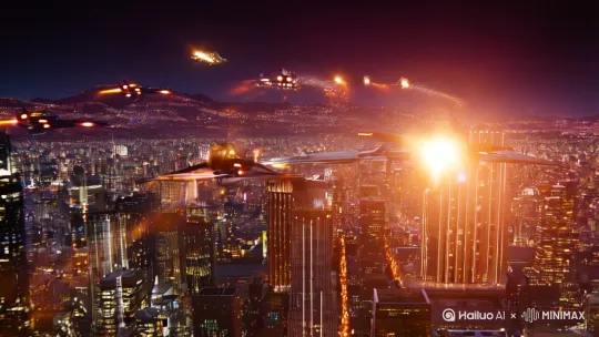 外星战舰入侵地球，在城市上空与人类战斗[推出,上升,下摇] by Hailuo AI Video Generator