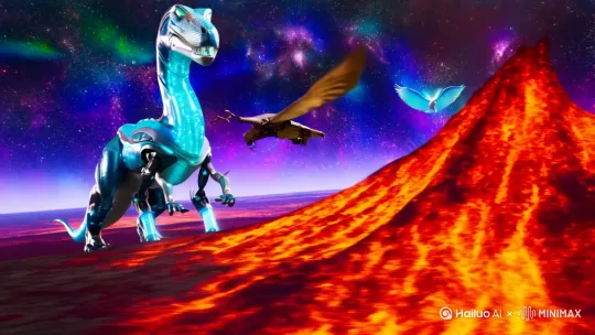 ▮▮ 幻光纪元·异星共生录 ▮▮▮

在距地球三亿光年的虹彩星云深处，漂浮着一颗被称作"万物熔炉"的混沌星球。这里的生物遵循着"形态共振法则"——每当超新星爆发时，远古基因便会与星尘粒子融合，诞生出令人惊叹的奇幻物种……

■ 火山平原·机械恐龙文明
由霸王龙"提图斯"统治的岩浆国度里，恐龙们披挂着液态金属外骨骼^1。这些蒸汽朋克风格的巨兽头顶悬浮着光子角冠，胸腔内燃烧着从地核提取的暗物质燃料。最奇特的当属小盗龙"奥兰多"，它用翅膀末端的量子纤维与浮空侦察器相连，成为整个族群的信息中枢^1。

■ 翡翠草原·共生兽群
长颈巨龙"格特鲁德"的脊椎化作移动生态塔，其鳞片间隙生长着会发光的蕨类植物，吸引着水晶猛犸象前来清洁皮肤^1。这些猛犸的象牙是半透明的能量结晶，每当月圆之夜就会投射出全息草原地图。狮群则进化出流光鬃毛，能与三叶虫形态的纳米机器人协同狩猎。

■ 云端圣域·星辰巨人
居住在反重力浮岛的星光巨人，身体由星云物质构成，指尖流淌着银河碎屑。他们用陨铁锻造的竖琴与三角龙"布鲁图斯"的共鸣角对奏^1，声波能在天空中编织出维持大气层的离子网格。巨人饲养的宠物是微型黑洞水母，这些幽蓝的生物能吞食过剩的太阳能。

■ 元素祭坛·跨物种议会
在星球中央的琥珀色湖泊上，所有物种通过意识网络联结。霸王龙的岩浆吐息与猛犸的冰川吐息在此交融，形成维持生态平衡的彩虹雾霭。最震撼的场景当属每月初七的"形态重组仪式"——狮子与翼龙交换部分基因链，瞬间迸发出狮鹫兽的新物种；巨人的星尘泪滴落入湖中，又会催生出会跳舞的发光蕨树。

该世界的运行规则暗合《恐龙世界LIVE》创作团队的理念：马克斯·汉弗莱斯设计的精密关节结构在此升华为生物量子铰链^1，奥利弗奖级别的舞台美学演化为自然界的动态光影秀。每个生命体都像那场演出中的机械恐龙般，既保留原始野性，又充满未来主义的奇幻美感^1。 by Hailuo AI Video Generator