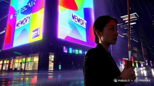 雨夜未来都市·霓虹倒影 林夏撑伞走过全息广告墙 跟踪镜头+仰拍 孤独疏离感 雨滴折射数据流光斑
运镜：从林夏背后低角度跟随，伞沿雨滴折射出 “记忆修复” 全息广告，暗示职业身份。 by Hailuo AI Video Generator