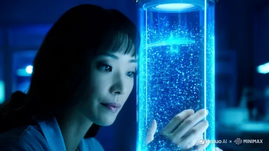 暗蓝光实验室·液态舱体 林夏指尖触碰舱壁数据流 
微距推镜+粒子特效 专注神秘感 神经接口蓝光蔓延
过渡设计：通过舱体蓝光自然切至下一场景。 by Hailuo AI Video Generator