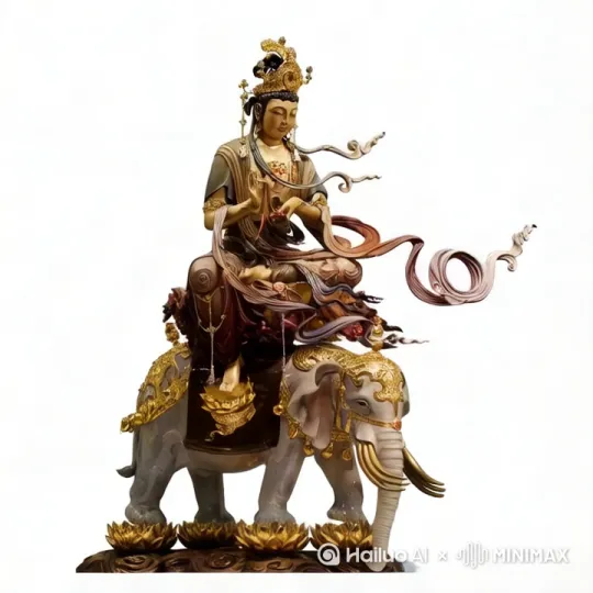[右移,左摇,跟随]宝相庄严的普贤菩萨骑着大象，脸部峻美慈祥，唯美，用极细沙化粒子绘制，意境构图，极简风格，丁达尔光，大师杰作，中间发光，粒子特效，粒子飘逸，大面积留白，煊染出神化般的辛烷值，高清，32K，风的粒子，光明梦幻，高品质高分辨率，并且普贤菩萨头上光环闪闪发光。 by Hailuo AI Video Generator
