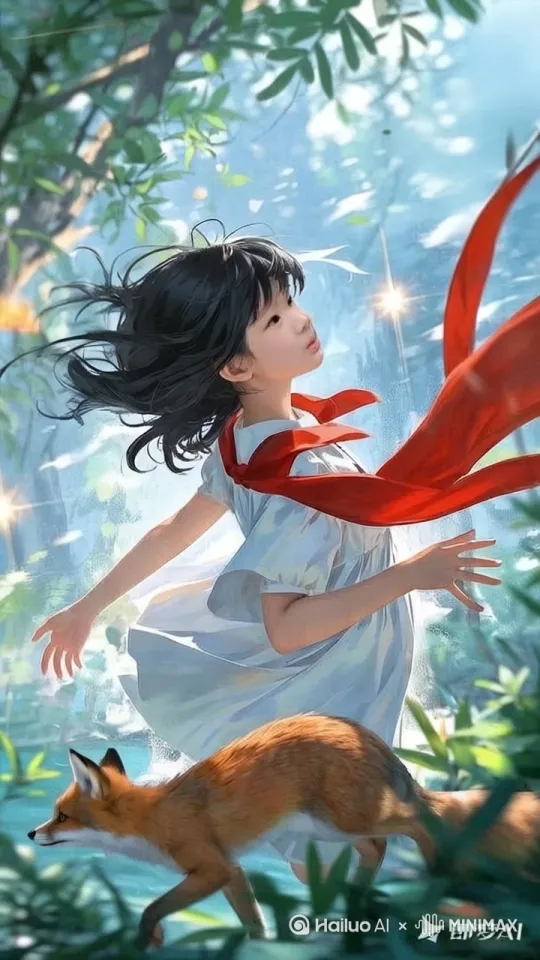 左环绕，小女孩的围巾随风飘舞，周围发出闪闪光芒 by Hailuo AI Video Generator