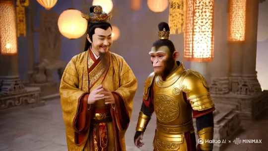 请帮我生成一个财神爷和齐天大圣站在一起，并说恭喜发财 by Hailuo AI Video Generator