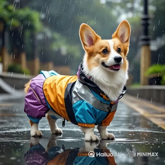 - **开场镜头**：俯视镜头，雨滴从天空落下，逐渐聚焦到柯基身上  
- **特写镜头**：雨衣表面水珠滑落的细节，材质反光效果，柯基的圆润臀部被雨衣包裹  
- **环绕镜头**：缓慢环绕柯基，展示雨衣的全貌和贴合度，突出短腿的可爱步伐  
- **远景镜头**：拉远至全景，柯基在雨中漫步，雨衣随风飘动，背景雨景氛围浓厚 by Hailuo AI Video Generator