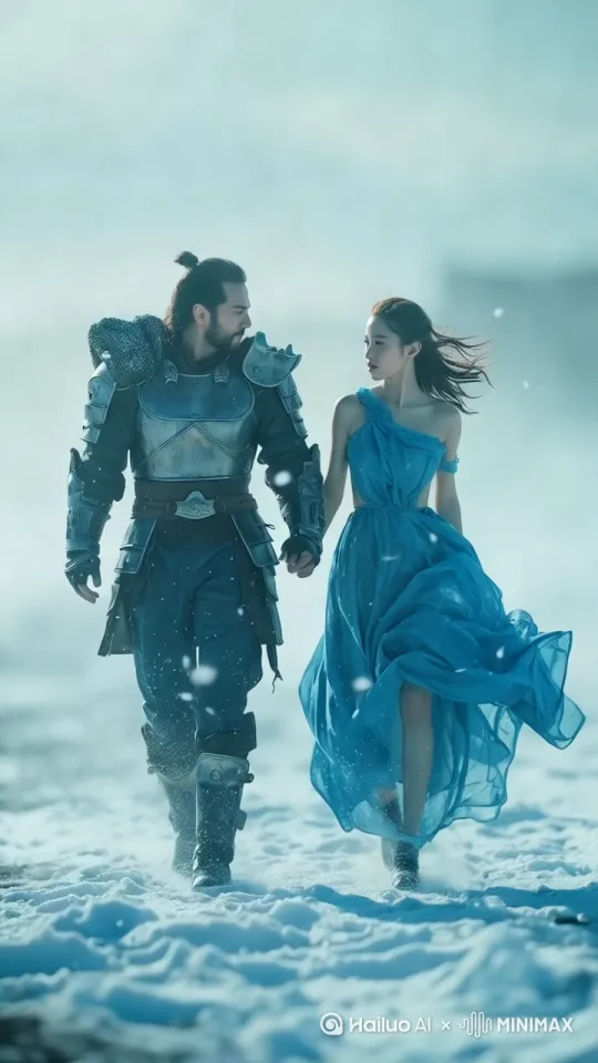 向前走，Man and girl; Chinese warrior; full-body shot; the woman with bare legs wearing a red dress; Man and girl holding hands walking; movement: shutter speed at 1/800 second; in a cold winter; snowflakes. CGSociety award-winning render. Full-body shot; cinematic composition., by Hailuo AI Video Generator
