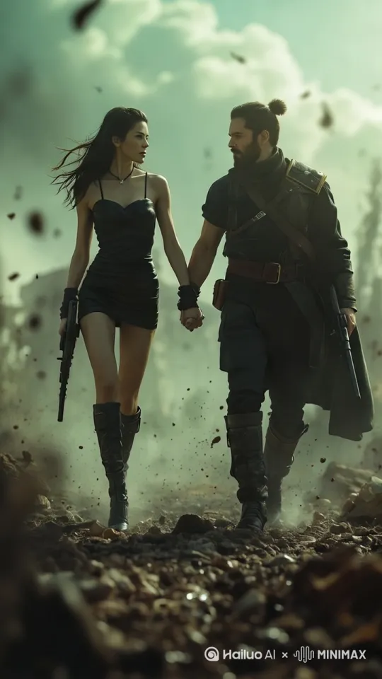 向前走；Man and woman;  warrior; full-body shot; the woman with bare legs wearing a  black short-dress; Man and girl holding hands walking; movement: shutter speed at 1/800 second; Modern battlefields. CGSociety award-winning render. Full-body shot; cinematic composition；CG动漫3D动漫风格 by Hailuo AI Video Generator