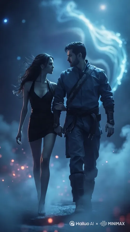 向前走；Man and woman;  warrior; full-body shot; the woman with bare legs wearing a  black short-dress; Man and girl holding hands walking; movement: shutter speed at 1/800 second; Interstellar scenes. CGSociety award-winning render. Full-body shot; cinematic composition；CG动漫3D动漫风格 by Hailuo AI Video Generator