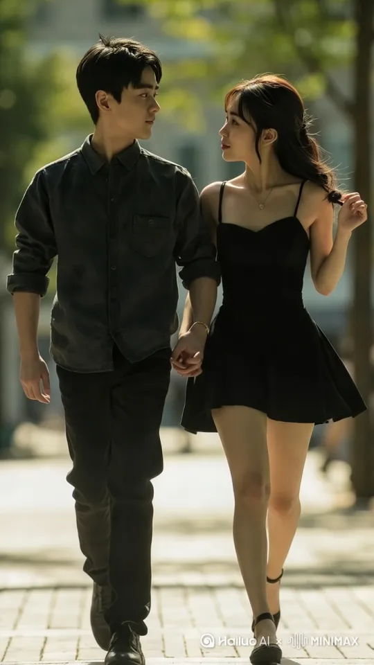 向前走；Man and woman;  warrior; full-body shot; the woman with bare legs wearing a  black short-dress; Man and girl holding hands walking; movement: shutter speed at 1/800 second; Chinese loft. CGSociety award-winning render. Full-body shot; cinematic composition；CG动漫3D动漫风格 by Hailuo AI Video Generator