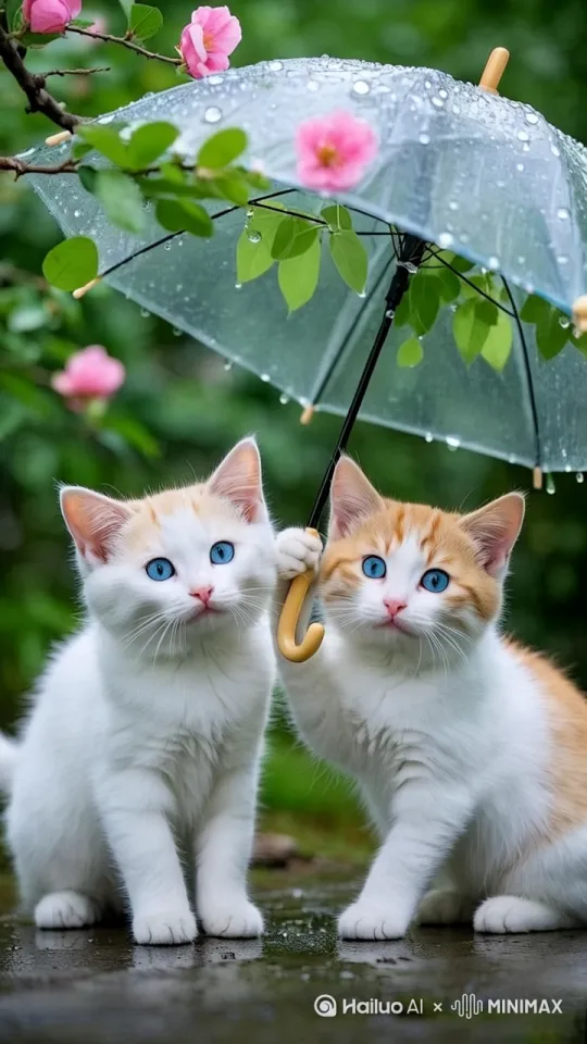 下雨天，两只可爱猫咪在伞下说话，眨眼，头左转右动态视频，自然流畅逼真丝滑 by Hailuo AI Video Generator