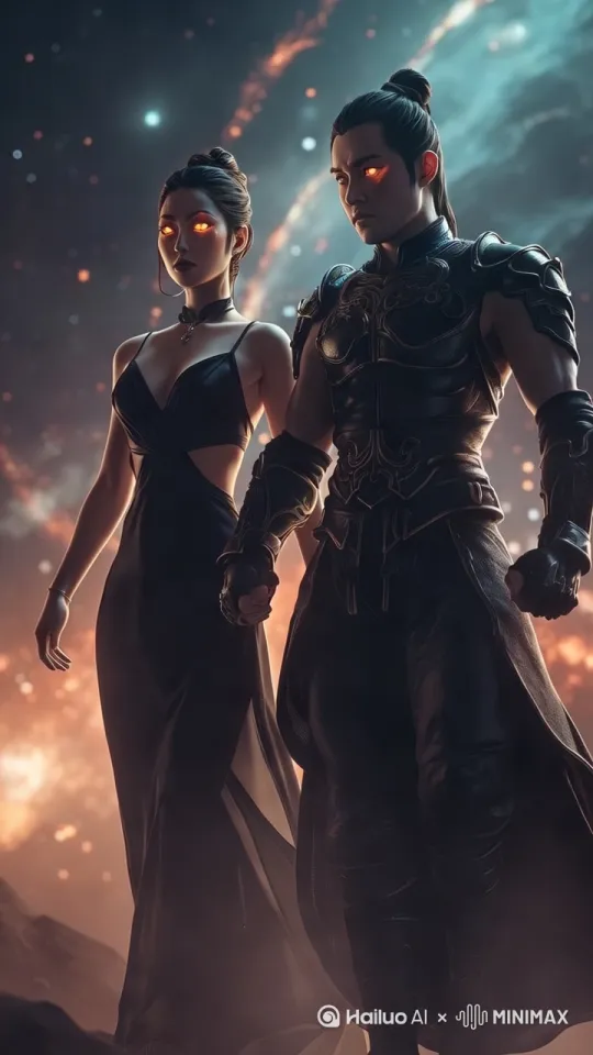 向前走；Man and woman;  warrior; full-body shot; the woman with bare legs wearing a  black short-dress; Man and girl holding hands walking; movement: shutter speed at 1/800 second; Chinese loft. CGSociety award-winning render. Full-body shot; cinematic composition； by Hailuo AI Video Generator