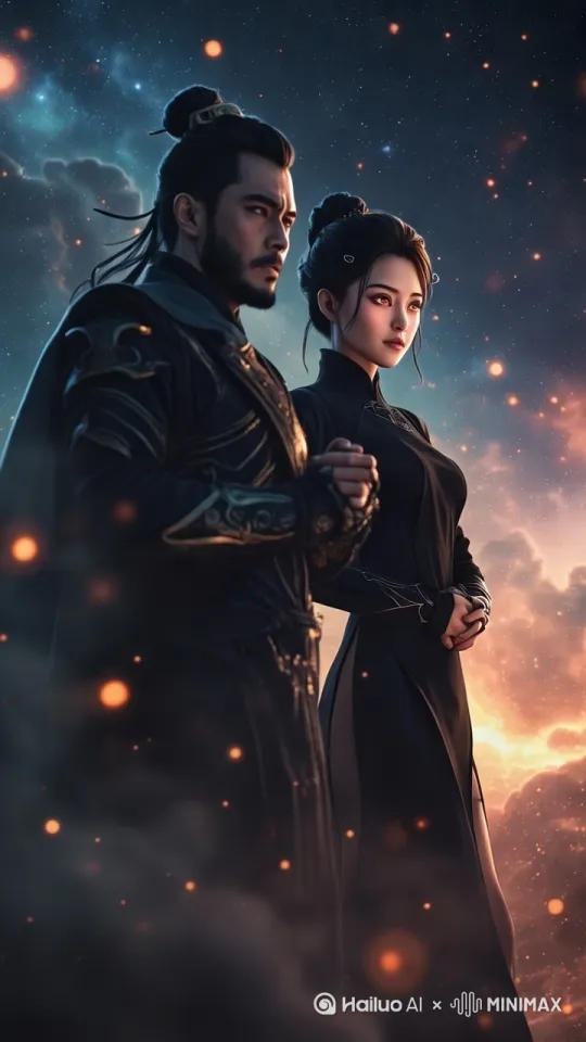 向前走；Man and woman;  warrior; full-body shot; the woman with bare legs wearing a  black short-dress; Man and girl holding hands walking; movement: shutter speed at 1/800 second; Chinese loft. CGSociety award-winning render. Full-body shot; cinematic composition； by Hailuo AI Video Generator
