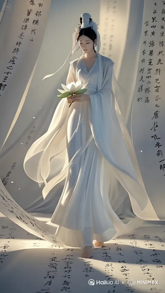 仙女慢慢地从发光的经文中走出来 by Hailuo AI Video Generator