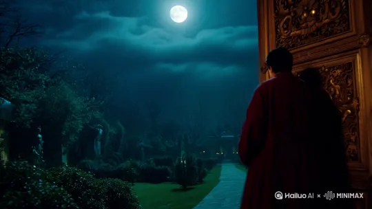 中国写实摄影风格，月黑风高之夜，孙太医缓缓开启雕花木门，门外站立的身着朝服的王爷面容苍白如纸，眼眶深深凹陷，泛着血丝，神情恍如亡者，令孙太医心头一震，惊愕得哑口无言。背景是幽深的皇家园林，月光透过稀疏的云层洒下微弱光芒，营造出一种神秘而压抑的氛围。近景人物对峙，画面充满紧张感与戏剧性。 by Hailuo AI Video Generator