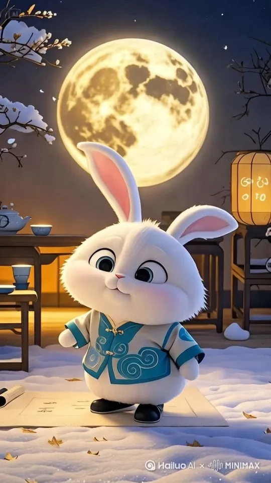 图片整体呈动态，生成10秒特写转场，月亮缓慢移动，小白兔看着地上的月光 by Hailuo AI Video Generator