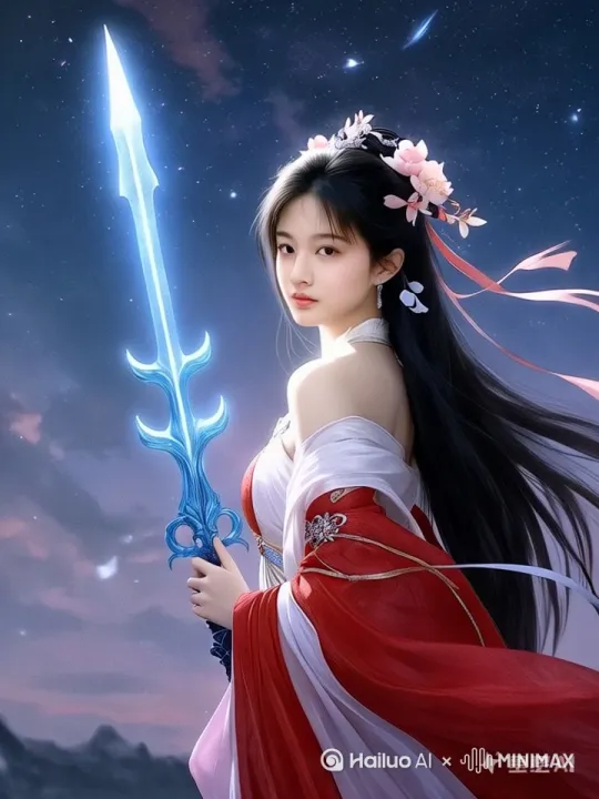 图中女子轻轻挥舞剑 by Hailuo AI Video Generator
