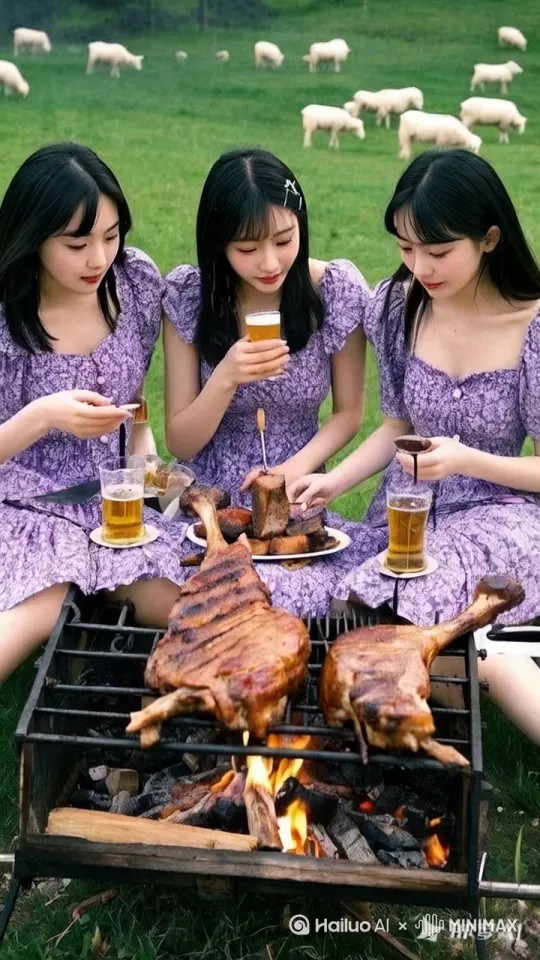 后面的羊群在吃草，微风吹动三个女孩的头发，三个女孩在吃东西 by Hailuo AI Video Generator