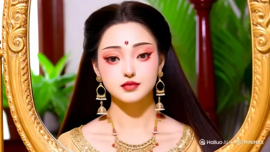 美女坐着镜子前，突然一道白光闪现，美女被吸入白光，出现在现代的浴室梳妆台前 by Hailuo AI Video Generator