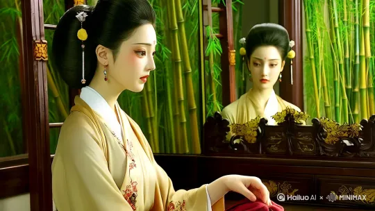美女坐着镜子前，突然一道白光闪现，美女被吸入白光，出现在现代的浴室梳妆台前，面前漂浮着发光的面膜 by Hailuo AI Video Generator
