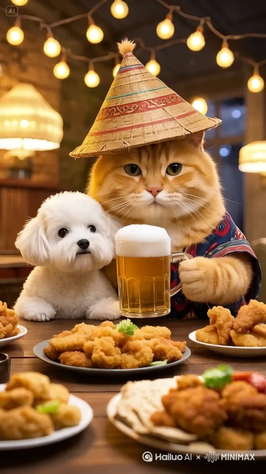 头戴彩纹斗笠的胖橘猫，右手环抱白色小狗，左手高举带泡沫的啤酒杯，仰头一饮而尽。身旁小白狗瞪圆双眼，露出惊讶神情，木桌上摆满炸鸡等美食，暖黄灯光串点缀背景，生动呈现这幕趣味互动场景。画面主体动态呈现自然，所有动作在五秒钟之内完成，动作要干脆利落，真实丝滑 by Hailuo AI Video Generator