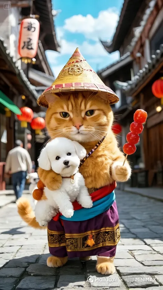 古街石板路上，头戴花纹斗笠的胖橘猫，右爪环抱小白狗，左爪举着串满红果的冰糖葫芦，轻轻递向小狗。小白狗仰头张嘴，轻咬糖葫芦上的甜果，一人一狗在古建、红灯笼映衬下，悠然漫步，定格投喂互动的温馨瞬间。画面主体动态呈现自然，所有动作在五秒钟之内完成，动作要干脆利落，真实丝滑，大师运镜 by Hailuo AI Video Generator