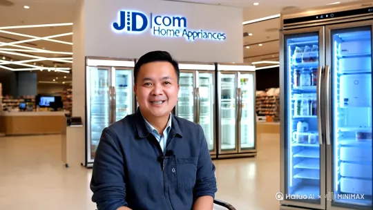 老板穿着一般的休闲服装，坐在京东家电的店面内，背后京东家电的logo，老板正在得意对着镜头有人说我开店冰箱外表冷冰冰的。需要专业的运镜，视频类型比较明亮明亮 by Hailuo AI Video Generator