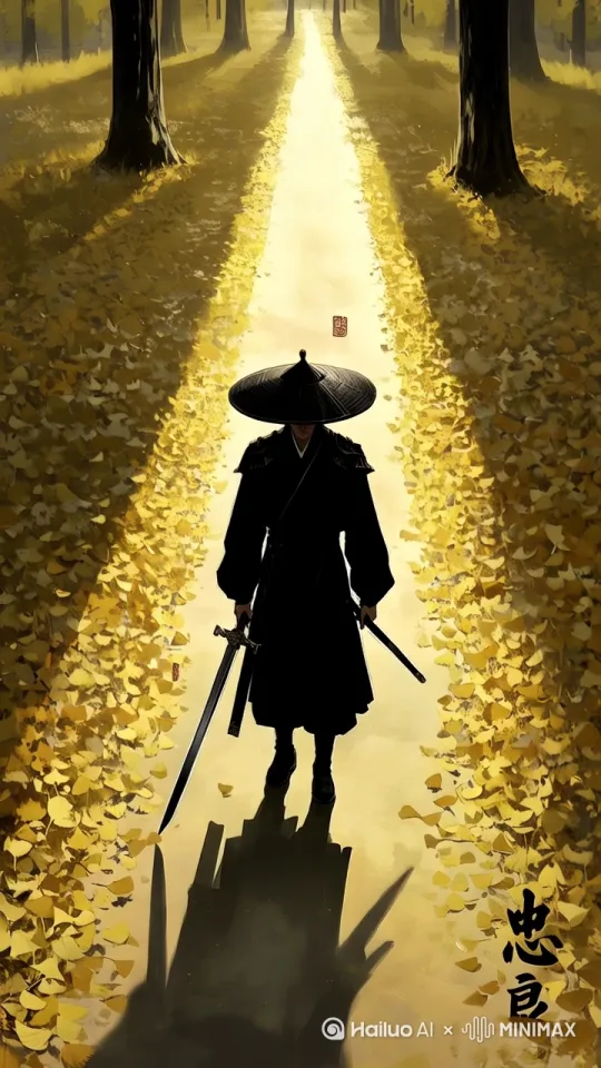 太阳光从上往下，人影约来越长，枫叶在前景飞舞，[变焦推进,下降] by Hailuo AI Video Generator