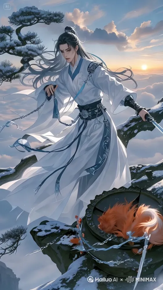 暮色四合，玄穹峰顶的云海翻涌如沸。白衣剑修凌空而立，广袖灌满山风，银线刺绣的流云纹在残阳里明灭如电。他鸦青色长发未束，发尾缀着七枚冰晶铃铛，随呼吸泛起幽蓝光晕——正是九霄寒玉髓炼化的本命法器"霜天晓"。

青金石腰带勒出劲瘦腰身，外罩半透鲛绡纱袍，行走间露出左臂玄铁护腕刻满的镇魔符咒。足尖轻点崖边虬松，枝头积雪簌簌惊落，惊醒了蜷在树洞里的火狐灵兽。那小兽琉璃瞳仁映出剑修眉心朱砂印，突然炸毛窜向云海深处。

"追。"薄唇吐出的单字冻结成霜，寒玉剑柄嗡鸣出鞘。刹那间千重云浪被剑气劈开，露出下方血色浸染的古老祭坛。青铜鼎中紫烟升腾，隐约可见半截焦黑龙角——正是三界遍寻不得的应龙逆鳞。

剑修落地时踏碎满地冰晶，袖中符箓无风自燃。阴影里传来锁链挣动的脆响，九条狐尾如业火红莲次第绽开。"清虚剑主，"带笑的女声裹着蜜毒，"这龙鳞妾身可是暖了百年呢。" by Hailuo AI Video Generator