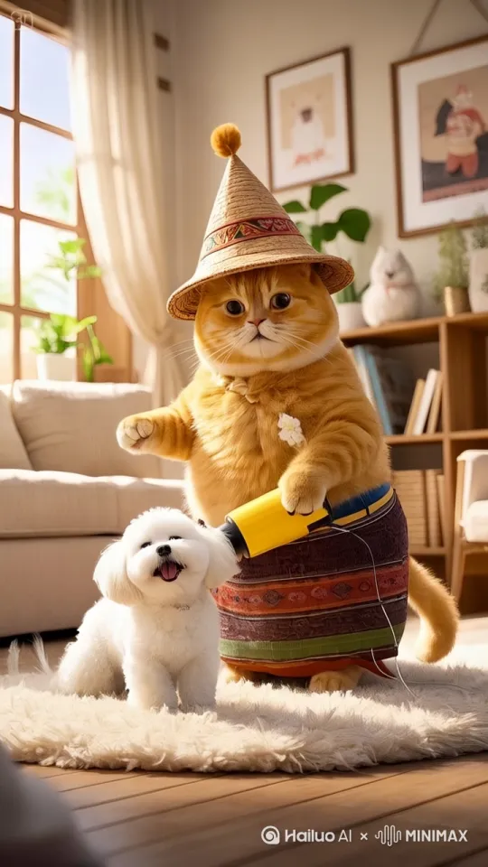 室内阳光流淌，头戴草帽的胖橘猫手持黄色吹风机，细致拂过小白狗的毛发。吹风机轻响间，小白狗稳坐毛绒地毯，湿漉漉的毛发随气流轻颤，还不时仰起头，用亮晶晶的眼神张望橘猫，一人一狗的互动里，满是依赖与温情，将平凡日常绘成温馨画面。画面主体动态呈现自然，所有动作在五秒钟之内完成，动作要干脆利落，真实自然，丝滑 by Hailuo AI Video Generator