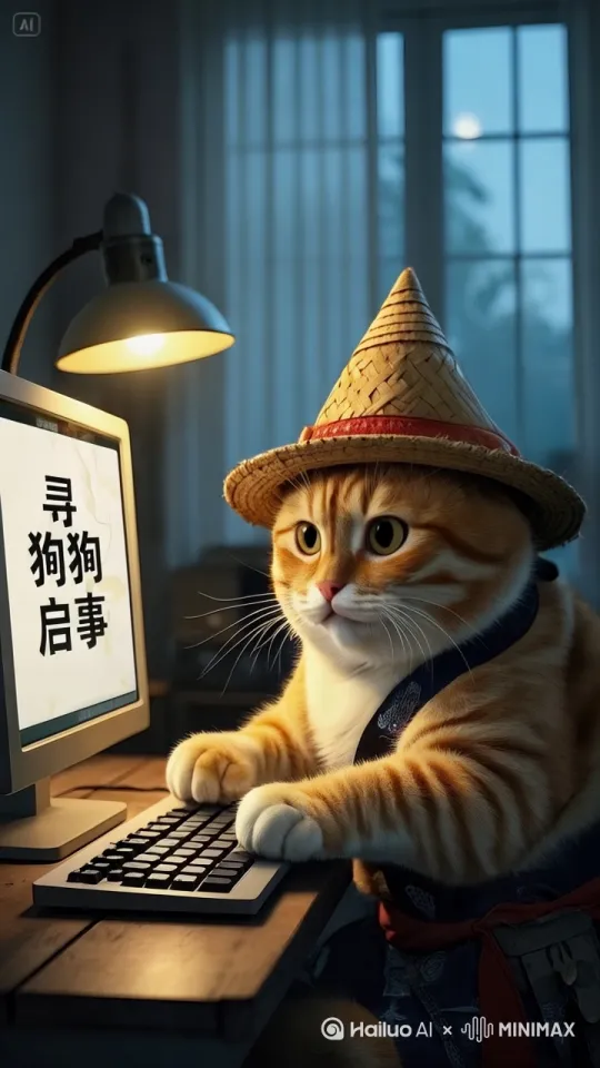 室内灯光温柔流淌，头戴草帽的胖橘猫立在桌前，双爪有力地敲击键盘，目光紧锁屏幕上“寻狗狗启事”的字样。它神情专注而急切，每一次按键都似藏着对小狗的牵挂，在文字间反复确认信息，仿佛要用这一纸启事，快速寻回心心念念的伙伴。 by Hailuo AI Video Generator