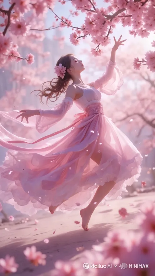 Cherry blossoms; Maiden; Panorama; dance; movement: shutter speed at 1/800 second; CGSociety award-winning render; by Hailuo AI Video Generator