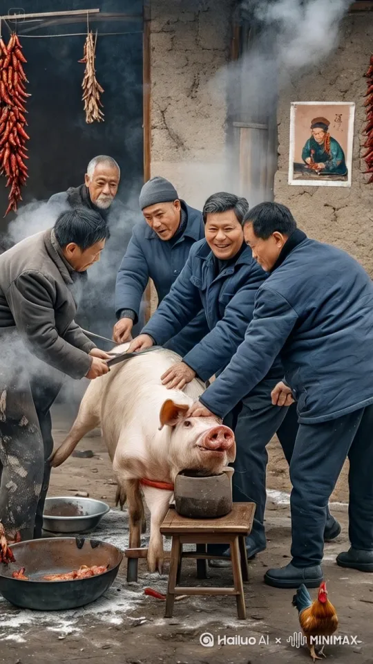 猪一下子跳在了空中，翻过身，拳打脚踢，与几个人打起架来，速度都很快，就像中国功夫，效果自然真实，镜头跟随，运镜丝滑 by Hailuo AI Video Generator